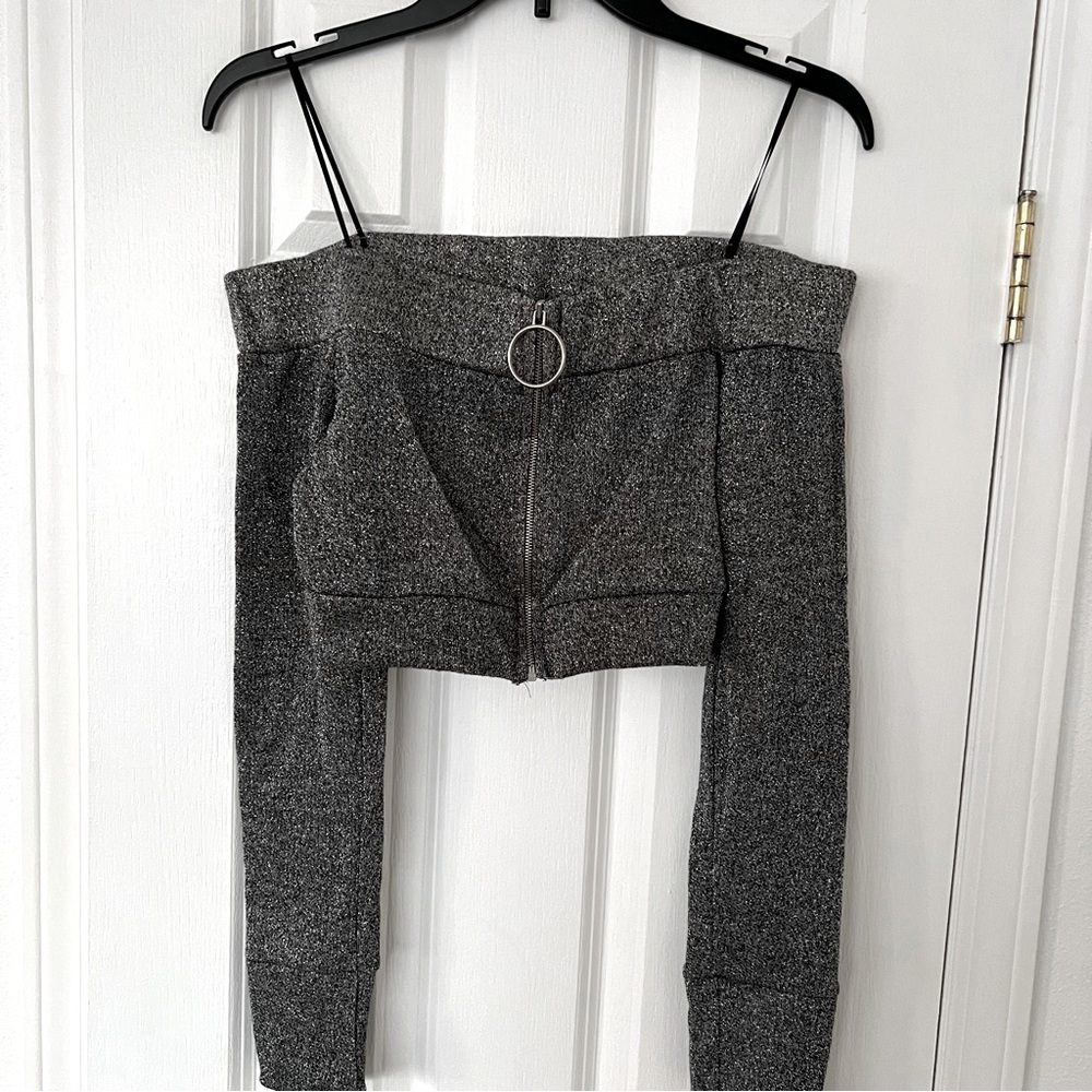 Fashion Nova Gray Shimmery Cropped Off Shoulder Zip Up Long Sleeve Jacket